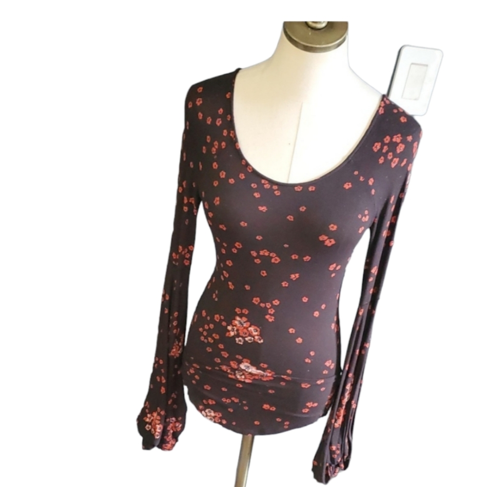 Free People Dark Top with Red Floral Design
